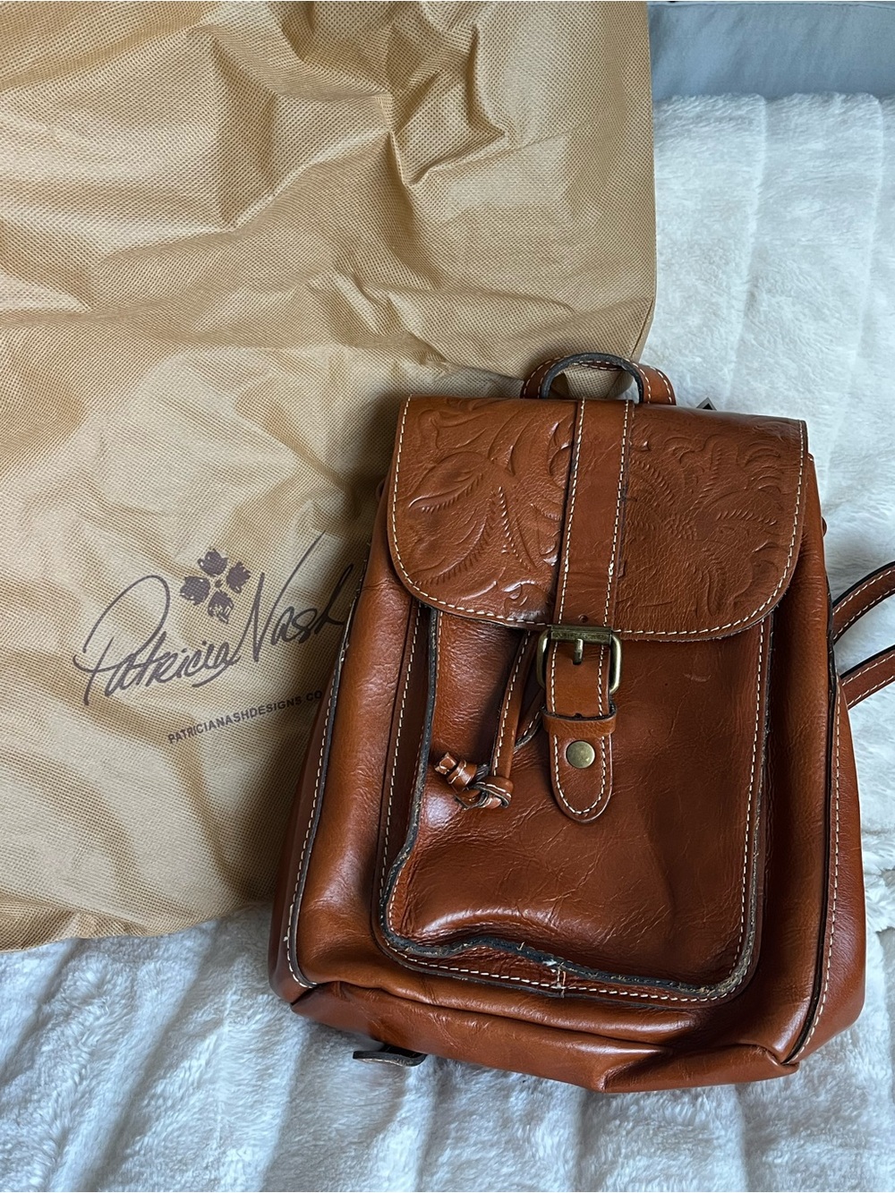 PATRICIA NASH Cognac Tooled Leather Mini Backpack